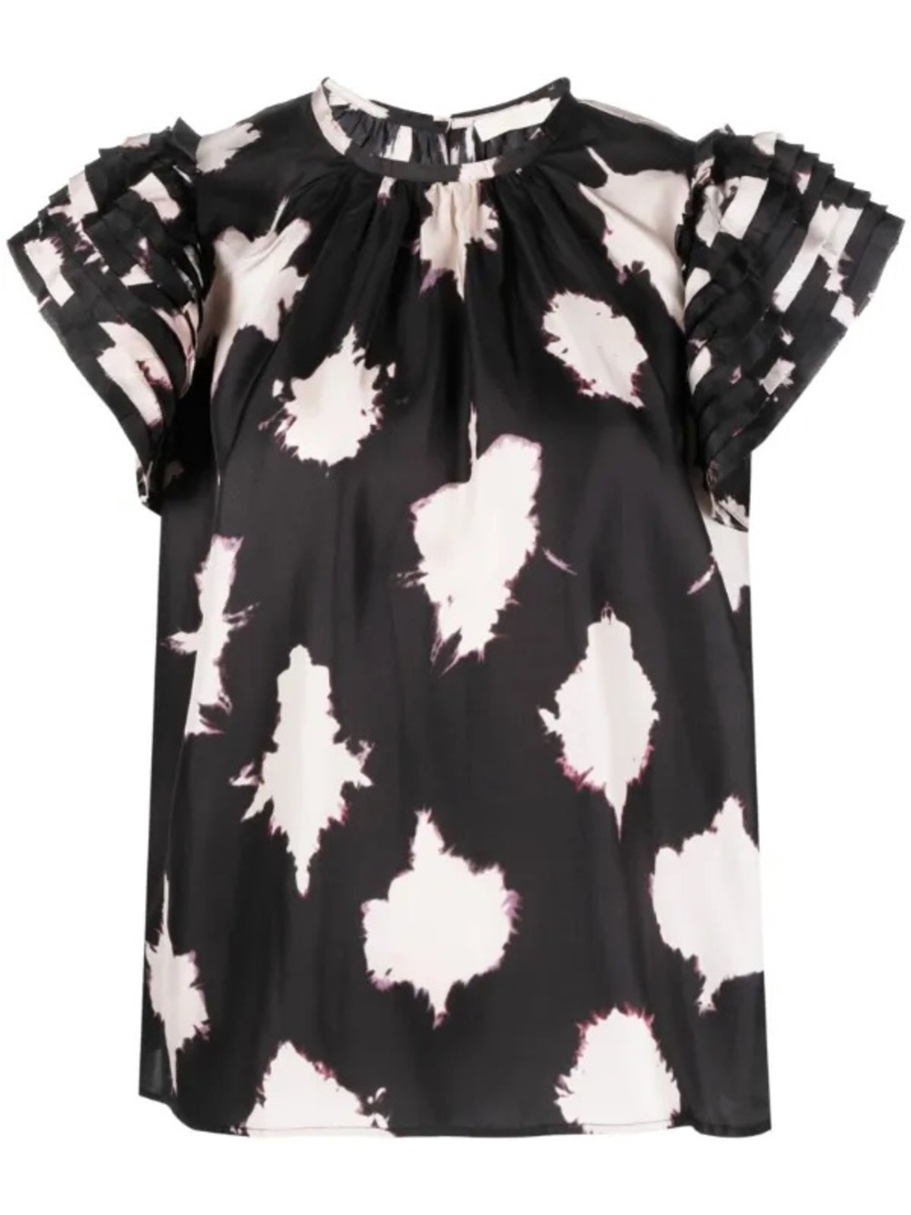 Ulla Johnson Black Blouse with Pale Pink Starburst Print and Ruffle Sleeves